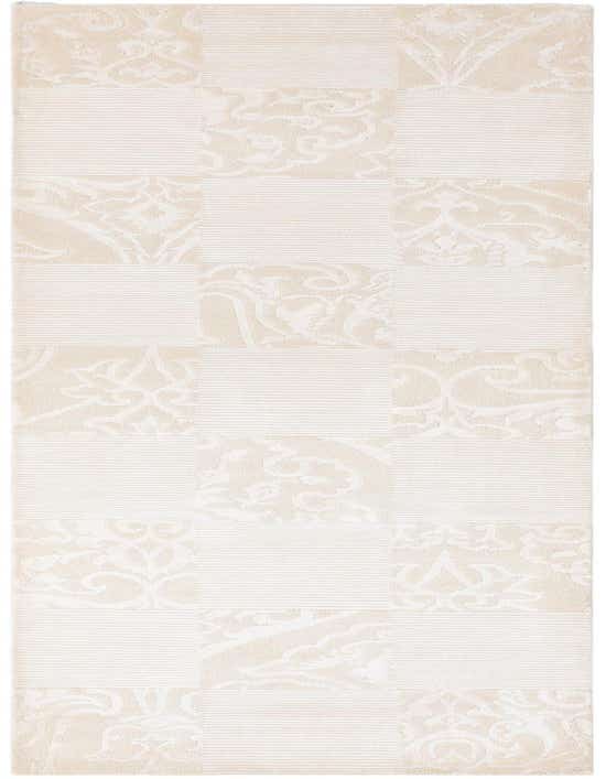 A 10 ft Darya runner rug in brown and ivory, featuring alternating modern striped and Persian-inspired patterned blocks.