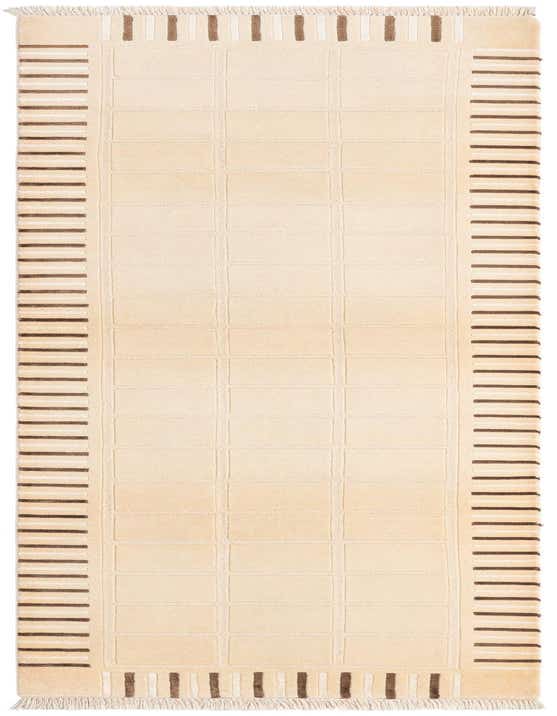 A 10 ft Darya runner rug in cream with a modern Persian pattern of embossed squares and brown striped borders.
