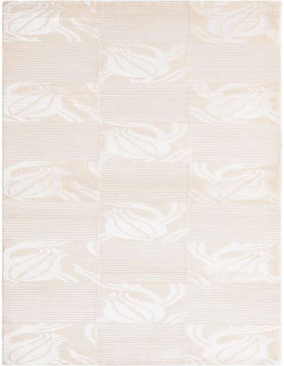 A 10 ft Darya runner rug featuring a modern Persian pattern of alternating striped and floral blocks in brown, tan, and ivory.