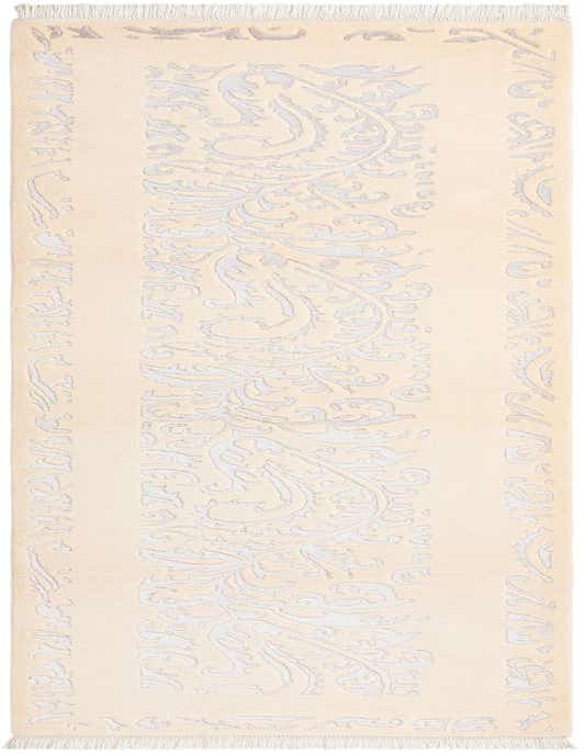 A 10 ft Darya runner rug in cream and light brown, featuring a central modern Persian floral pattern and fringe.