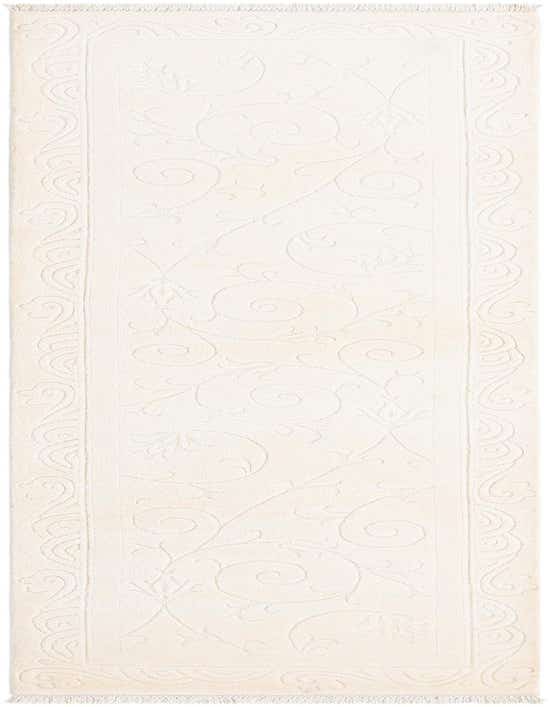 A 10 ft Darya runner rug in ivory with a subtle raised Persian floral pattern and fringed ends, perfect for a hallway.