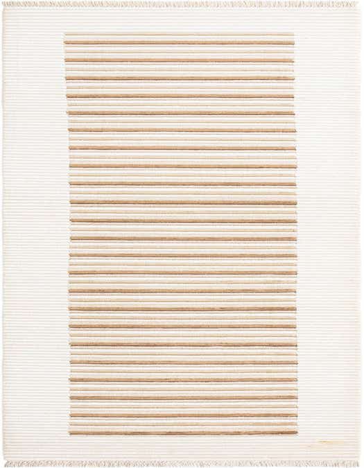 A 10 ft runner rug with a modern Persian pattern, featuring horizontal stripes in varying shades of brown and tan against an ivory and cream background, with fringed ends.
