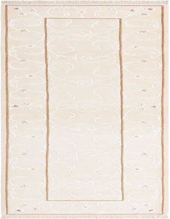 A 10 ft Darya runner rug in cream and tan, featuring a modern Persian floral pattern with a high pile, perfect for a hallway.