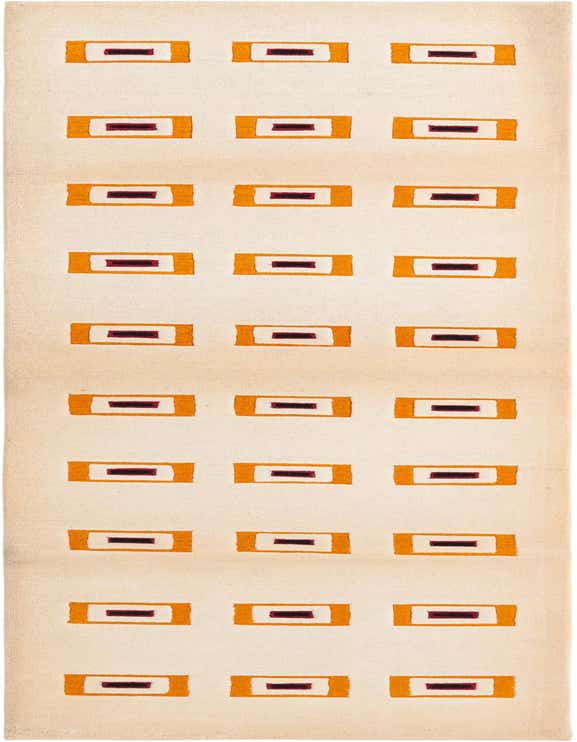A 10 ft runner rug in cream with a repeating modern pattern of orange, white, and brown rectangles, perfect for a hallway.