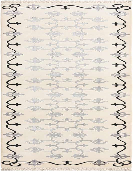 A 10 ft Darya runner rug featuring an ivory background with a light gray Persian-inspired pattern and a black scrolling border.