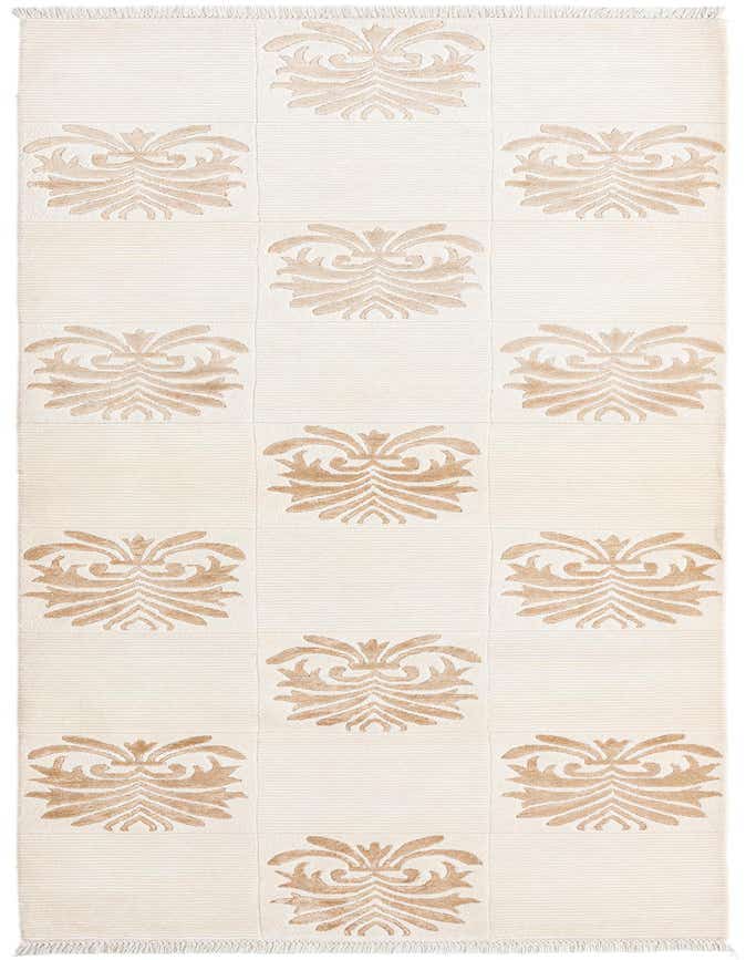 A 10 ft runner rug featuring a checkerboard pattern of ivory stripes and tan Persian motifs, ideal for a hallway.
