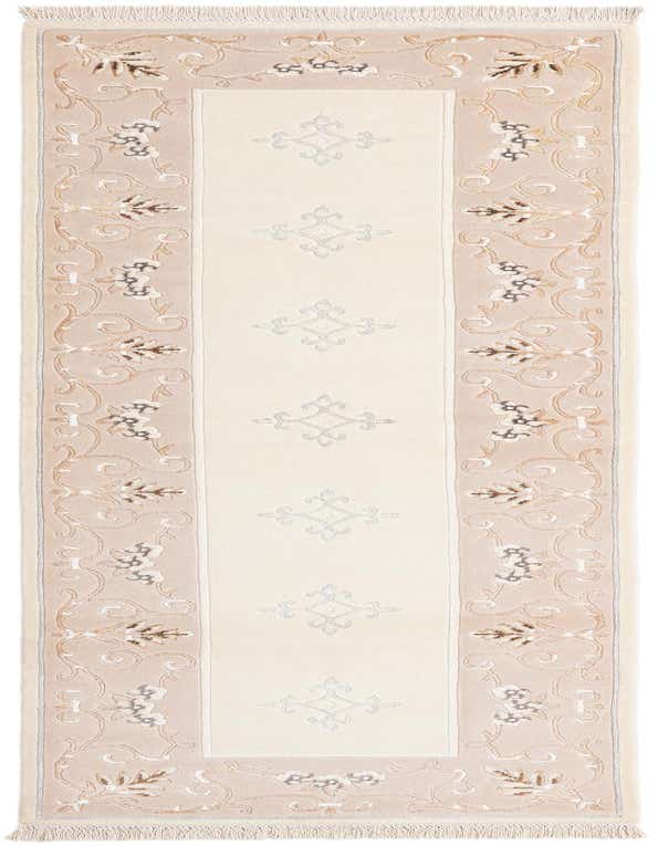 An 8 ft runner rug with a cream center and a light brown border featuring intricate floral and vine patterns, suitable for a hallway.