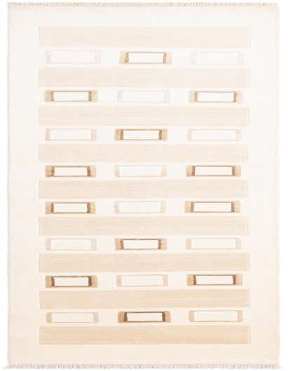 A 13 ft Darya runner rug in brown and ivory with a modern Persian pattern of alternating stripes and rectangular frames, perfect for a hallway.