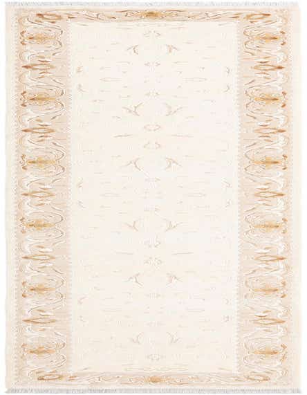A 13 ft Darya runner rug in ivory and tan with a Persian-inspired floral and vine pattern, perfect for a hallway.