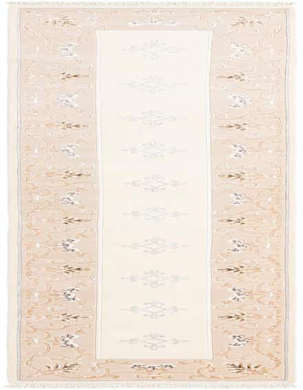 A 13 ft Darya runner rug in brown and ivory with a traditional Persian floral border and modern geometric center.