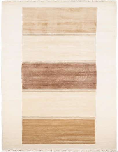 A 13 ft Darya runner rug featuring modern blocks of brown, tan, and ivory with thin stripe accents, perfect for a hallway.