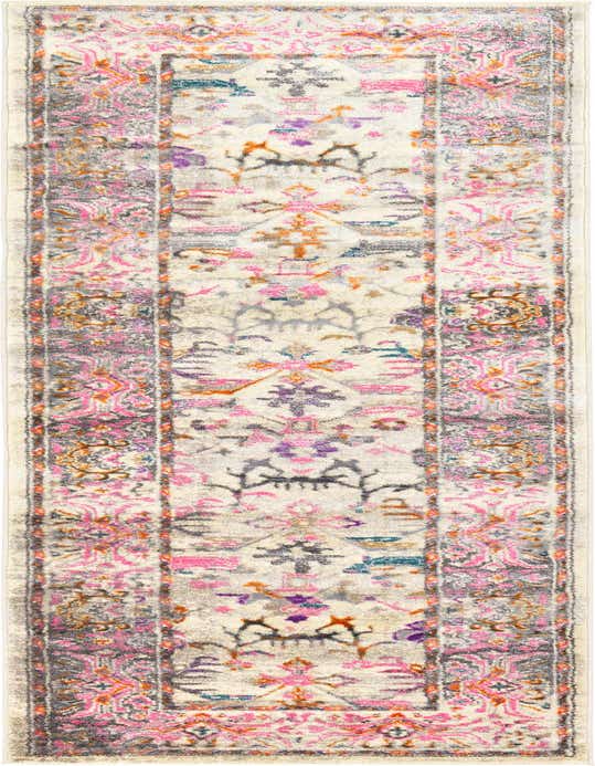 A 10 ft runner rug with a cream background and a distressed tribal pattern in pink, purple, orange, and gray.