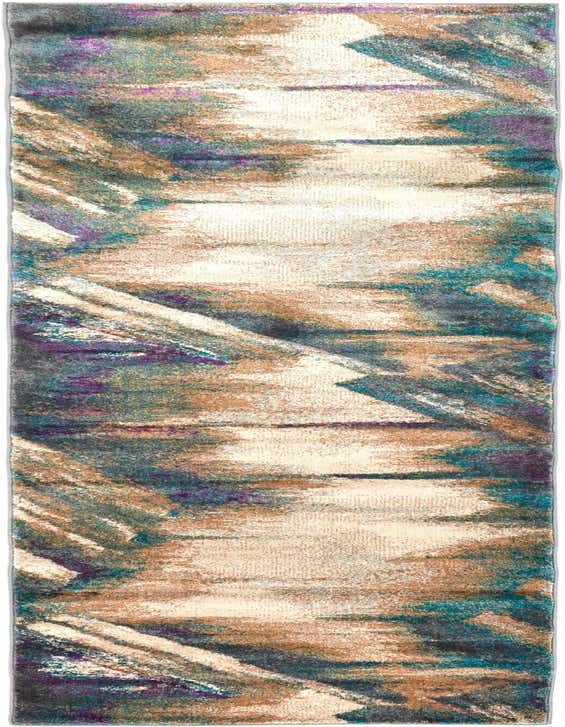 A 10 ft runner rug with an abstract, textured pattern in shades of brown, tan, cream, teal, and purple, ideal for a hallway.