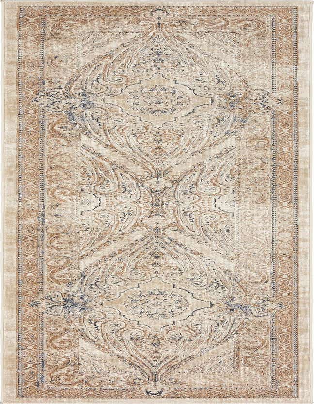A 7 ft runner rug in shades of brown, tan, and cream, featuring a distressed traditional medallion pattern, ideal for a hallway.