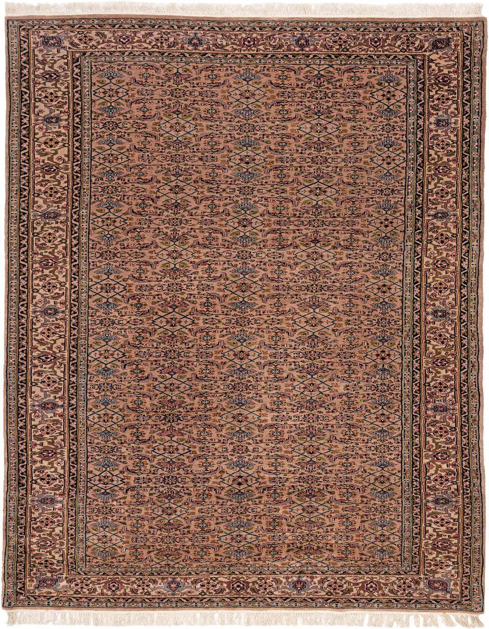 A handmade 11 ft runner rug with a traditional floral pattern in shades of brown, tan, and ivory, perfect for a hallway.