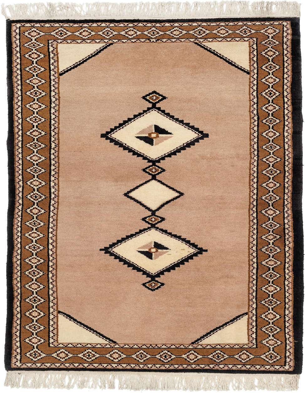 A 6 ft runner rug with a tan field, brown border, and ivory geometric diamond patterns, suitable for a hallway.