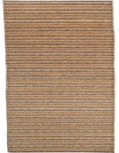 A 13 ft runner rug in shades of brown and tan, featuring a modern striped pattern with varied textures, ideal for a hallway.