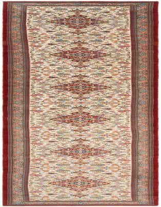 A 20 ft Ghom runner rug with a traditional pattern in ivory, cream, brown, and red, perfect for a hallway.