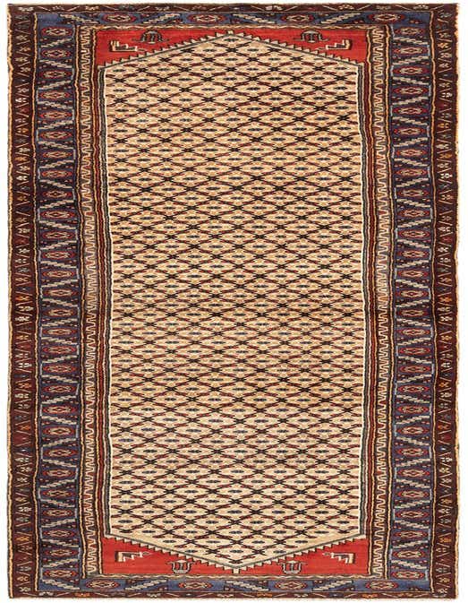 A 10 ft Hamedan wool runner rug featuring a tribal geometric pattern in browns, tans, and ivories, with a red and blue border.