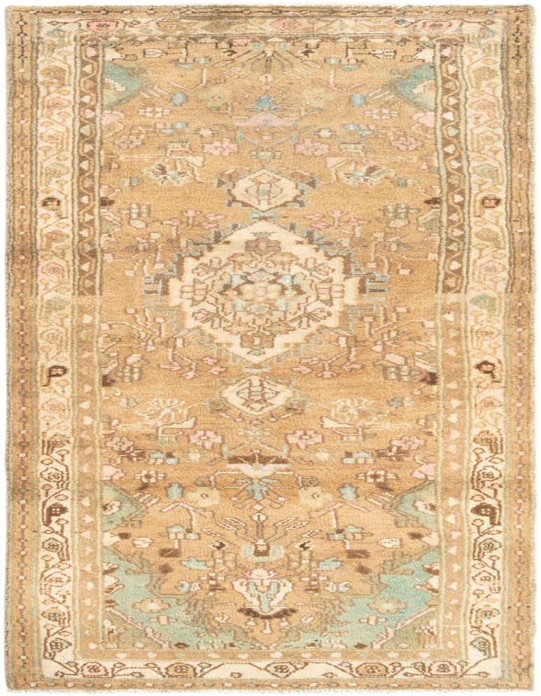 A handmade 8 ft Hamedan runner rug in brown and ivory with traditional tribal patterns, ideal for a hallway.