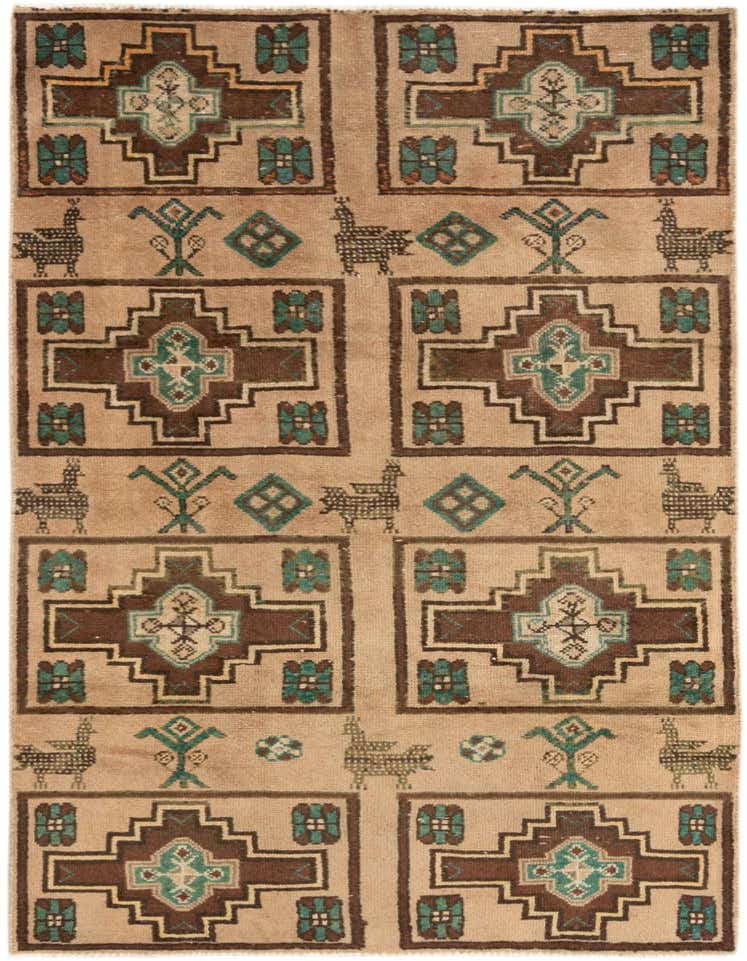 A 6 ft Hamedan runner rug featuring a tribal pattern in browns, tans, and teal, ideal for a hallway.