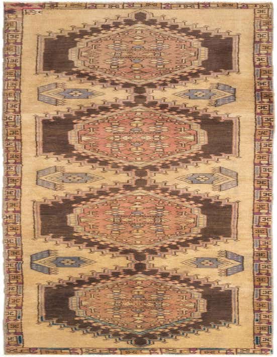 A handmade 8 ft runner rug from the Hamedan collection, featuring a tribal and traditional pattern in browns, tans, and ivories, ideal for a hallway or kitchen.