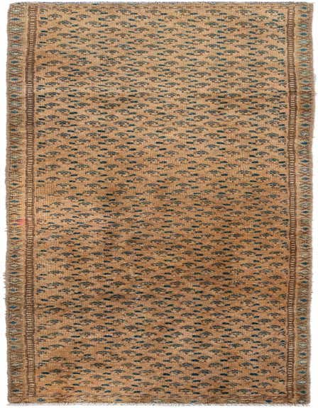 A 9 ft Hamedan runner rug in brown and tan, featuring a tribal pattern with small blue motifs, ideal for a hallway.