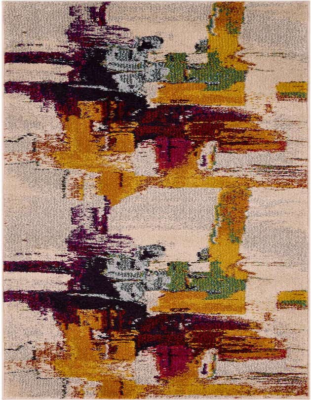 A 7 ft runner rug featuring a modern abstract pattern with brushstrokes of brown, tan, ivory, cream, gold, red, purple, and light blue.
