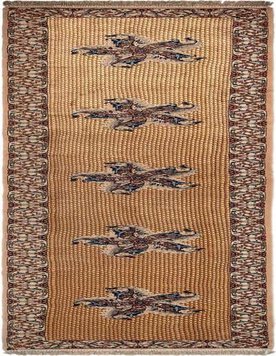 A 13 ft runner rug featuring a tan basketweave pattern bordered by intricate ivory and brown Persian motifs, ideal for a hallway.