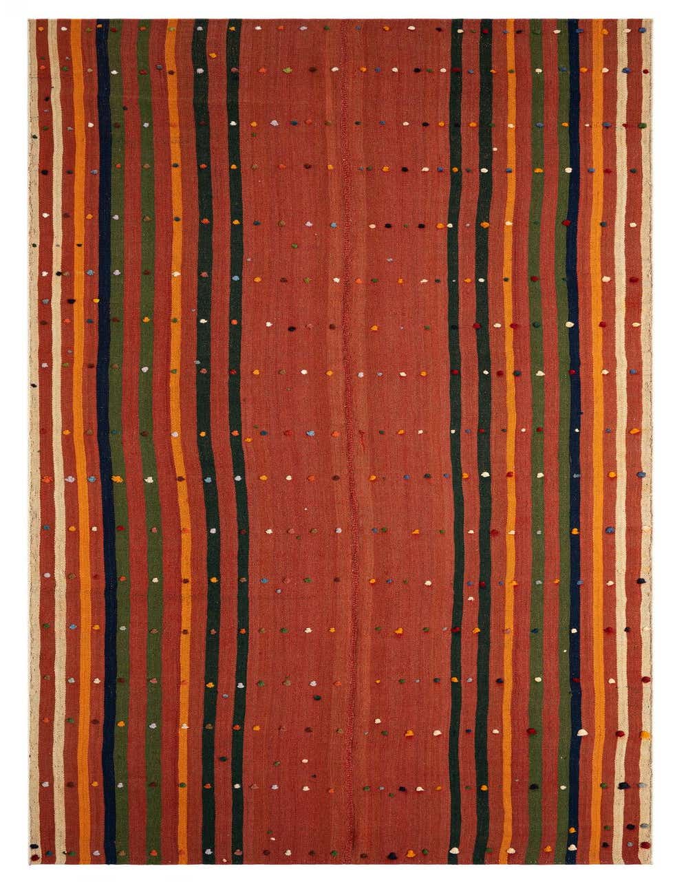 A handmade 11 ft Jajim runner rug in warm brown with colorful vertical stripes and playful polka dots.