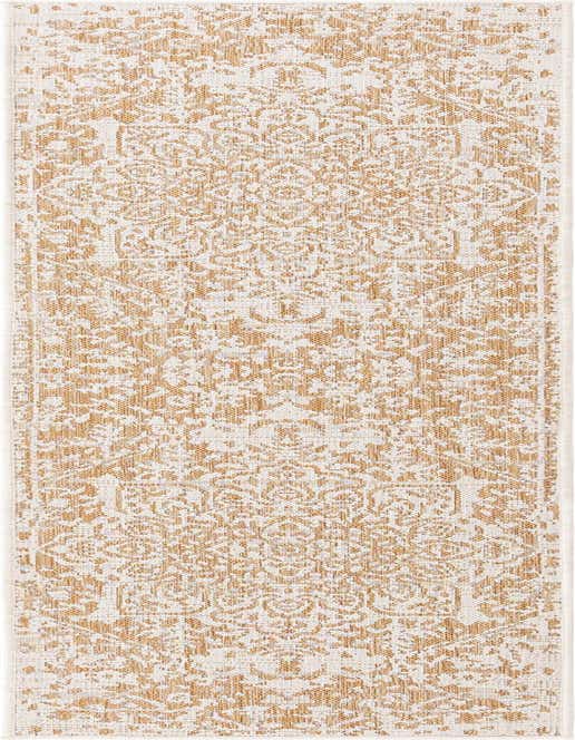 A Jill Zarin Outdoor 8 ft runner rug featuring a distressed brown and ivory medallion pattern, suitable for hallways or patios.