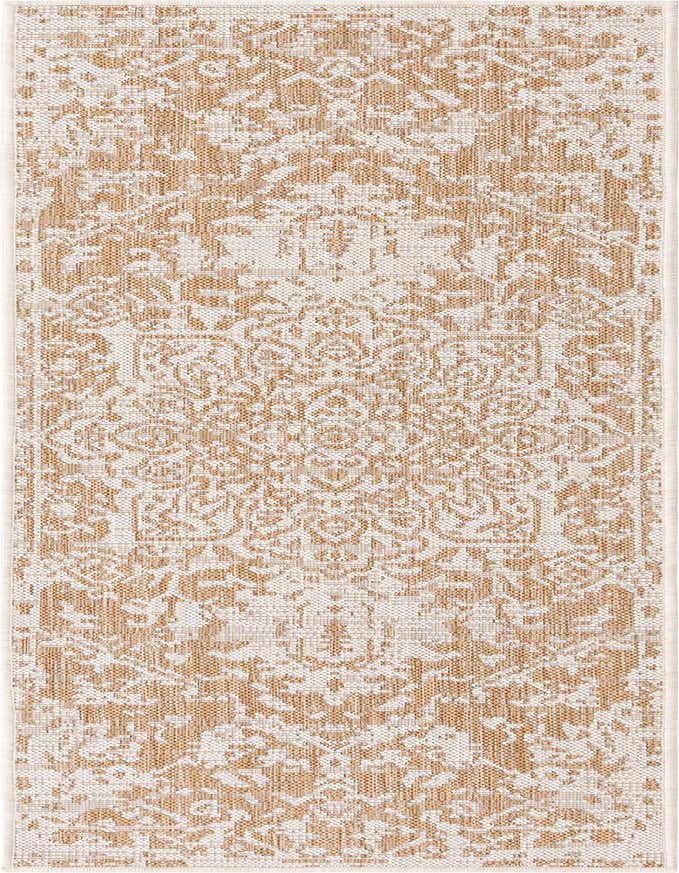 A 6 ft runner rug featuring a distressed Mediterranean medallion pattern in brown and ivory, suitable for a hallway or patio.