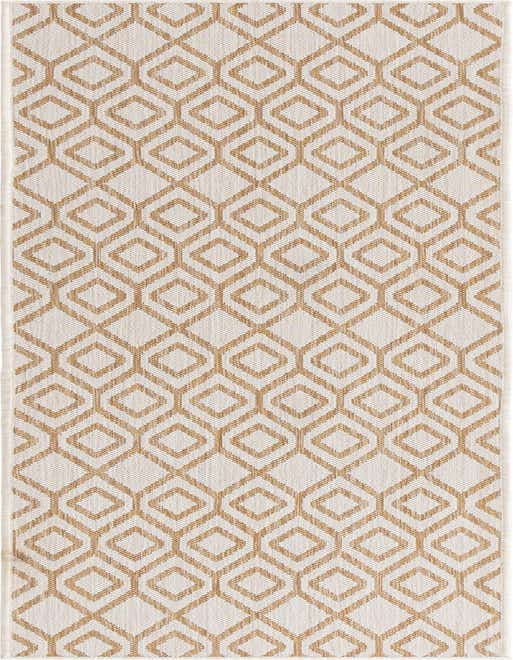 A Jill Zarin Outdoor 8 Ft Runner rug featuring a repeating brown tribal trellis pattern on an ivory background, suitable for hallways or patios.