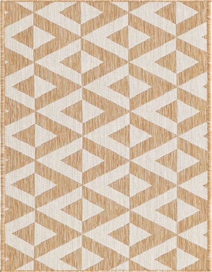 A 6 ft runner rug featuring a modern geometric trellis pattern in brown and ivory tones, suitable for hallways or patios.