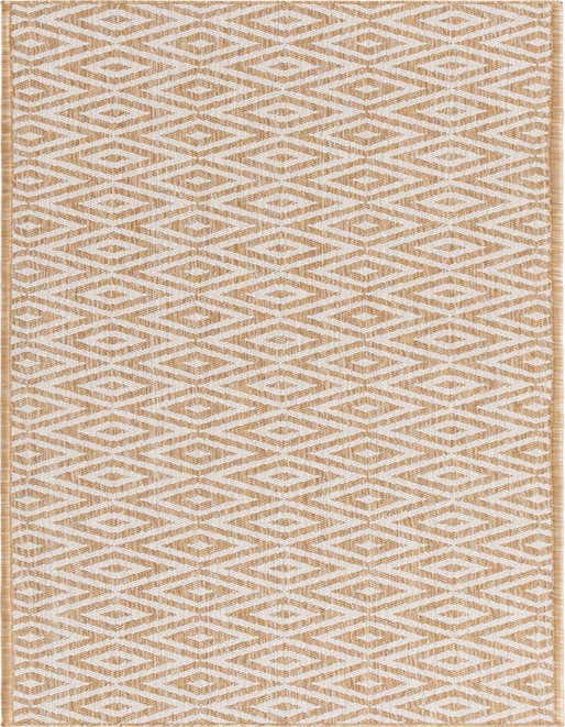 An 8 ft runner rug with a repeating brown and ivory trellis pattern, suitable for hallways or patios.