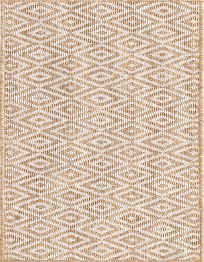 A 6 ft runner rug with a repeating diamond trellis pattern in tan and ivory, suitable for a hallway or patio.