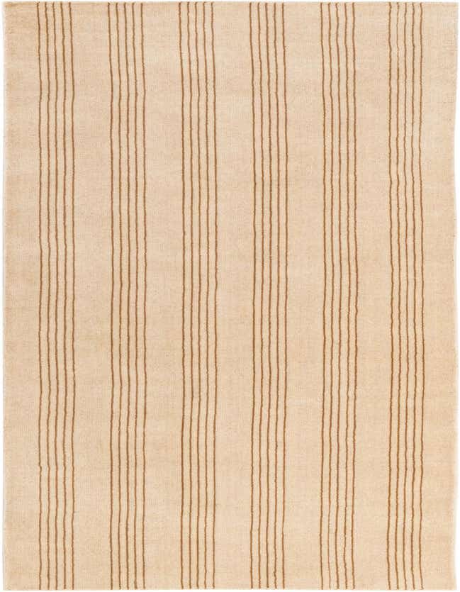 A 10 ft runner rug in shades of tan and ivory, featuring thin brown vertical stripes, ideal for a hallway.