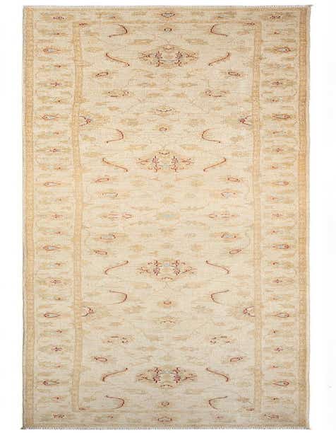 A 13 ft Kaizar Persian runner rug in cream and tan with intricate floral patterns, ideal for a hallway.