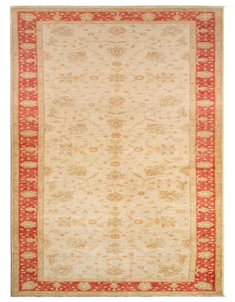 A 13 ft Kaizar Persian runner rug in brown and ivory, featuring a floral pattern and a bold red border, perfect for a hallway.