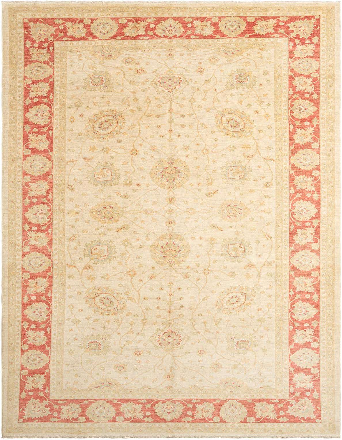 A 14 ft runner rug from the Kaizar collection, featuring a cream field with intricate Persian floral patterns in brown and tan, bordered by a rich red-orange band with complementary motifs, ideal for a hallway.