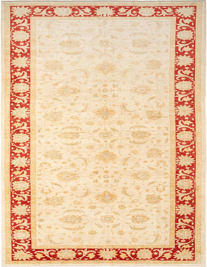 A long 18 ft Persian runner rug featuring a cream field with subtle floral motifs and a bold red border.