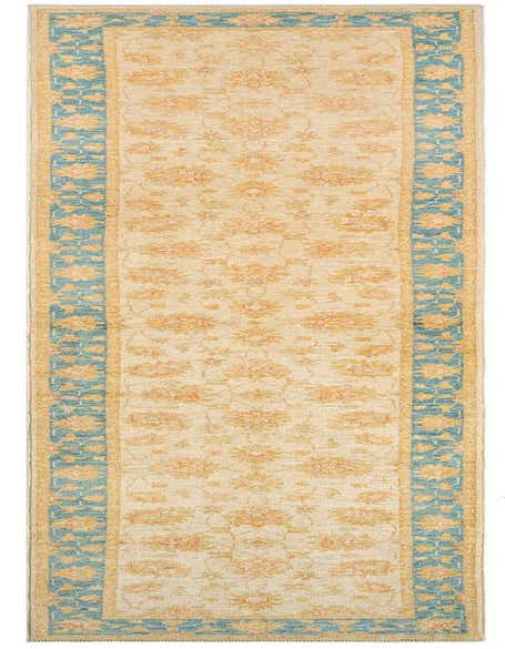 A 13 ft Kaizar Persian runner rug in browns, tans, and ivories, featuring a floral pattern and a teal border, ideal for a hallway.