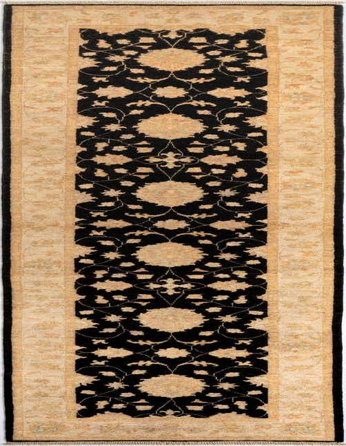 A Kaizar 11 ft runner rug featuring a traditional Persian pattern with a black field and intricate tan and ivory floral motifs, bordered by a tan and ivory design.