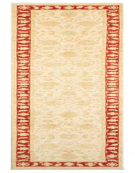 A 13 ft runner rug with a cream and tan Persian pattern and a bold red floral border, ideal for a hallway.
