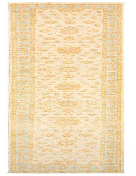 A 12 ft runner rug with a cream background and a traditional Persian pattern in shades of brown, tan, and light blue.