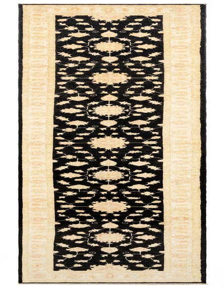 A 13 ft runner rug featuring a black field with cream floral and vine patterns, bordered by a cream band with subtle brown accents, perfect for a hallway.