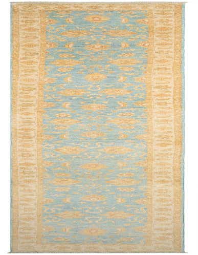 A 15 ft Kaizar Persian runner rug featuring a light blue field with intricate gold and tan floral patterns, bordered by a cream-colored band with complementary designs, and finished with short fringes.
