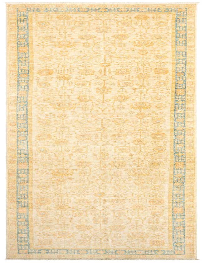 A 15 ft runner rug from the Kaizar collection, featuring a cream and tan Persian pattern with a blue border.