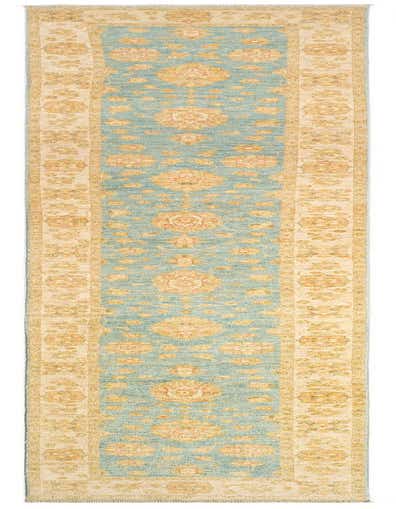A 15 ft Kaizar runner rug in light blue with an intricate Persian pattern in tan and cream, perfect for a hallway.