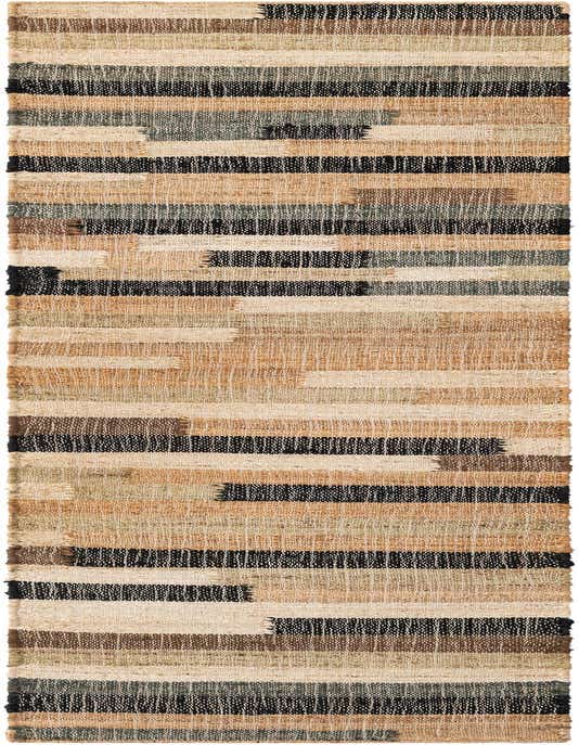 A Kala Handwoven Jute 8 ft runner rug featuring modern stripes in browns, tans, ivories, and creams, ideal for a hallway or kitchen.